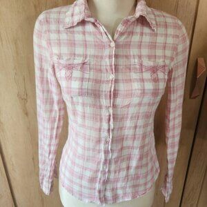 Girlhoodcore y2k Pink White Plaid Glitter Button Up Shirt Top Women's M